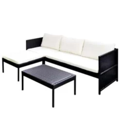VidaXL 3-delige Loungeset Met Kussens Poly Rattan Zwart